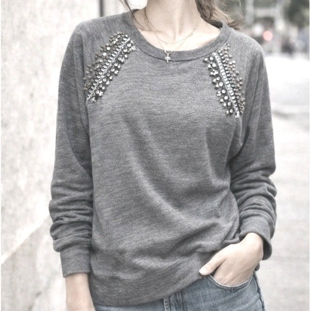 J.Crew Womens Medium Grey Embellished Rhinestone Sequin Pullover‎ Top